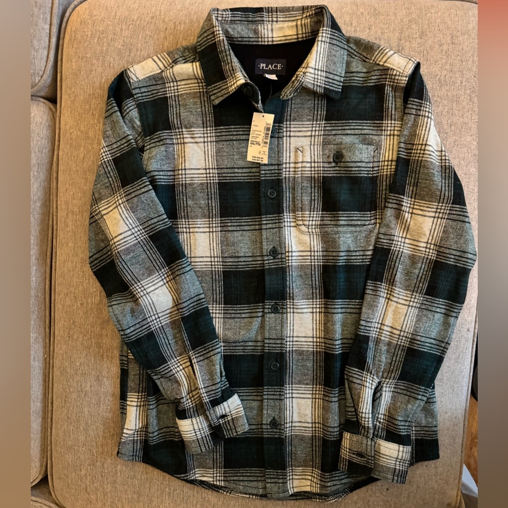 Children’s Place Dark Green and Cream Plaid Flannel Button Up Shirt